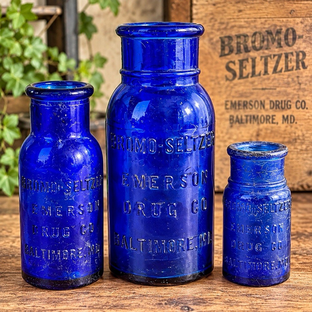 Antique Bromo Seltzer Cobalt Blue Bottles Lot 3 Emerson Drug Co Baltimore MD